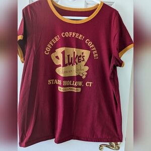 torrid Maroon and Mustard 'Luke's Coffee' Graphic Ringer Tee
